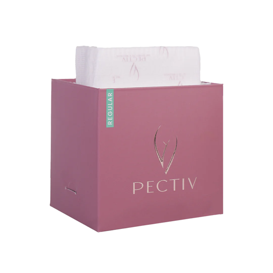 Opened box of Pectiv The Day sanitary pads showing hygienic, moisture-proof individual wrapping designed for tropical heat.