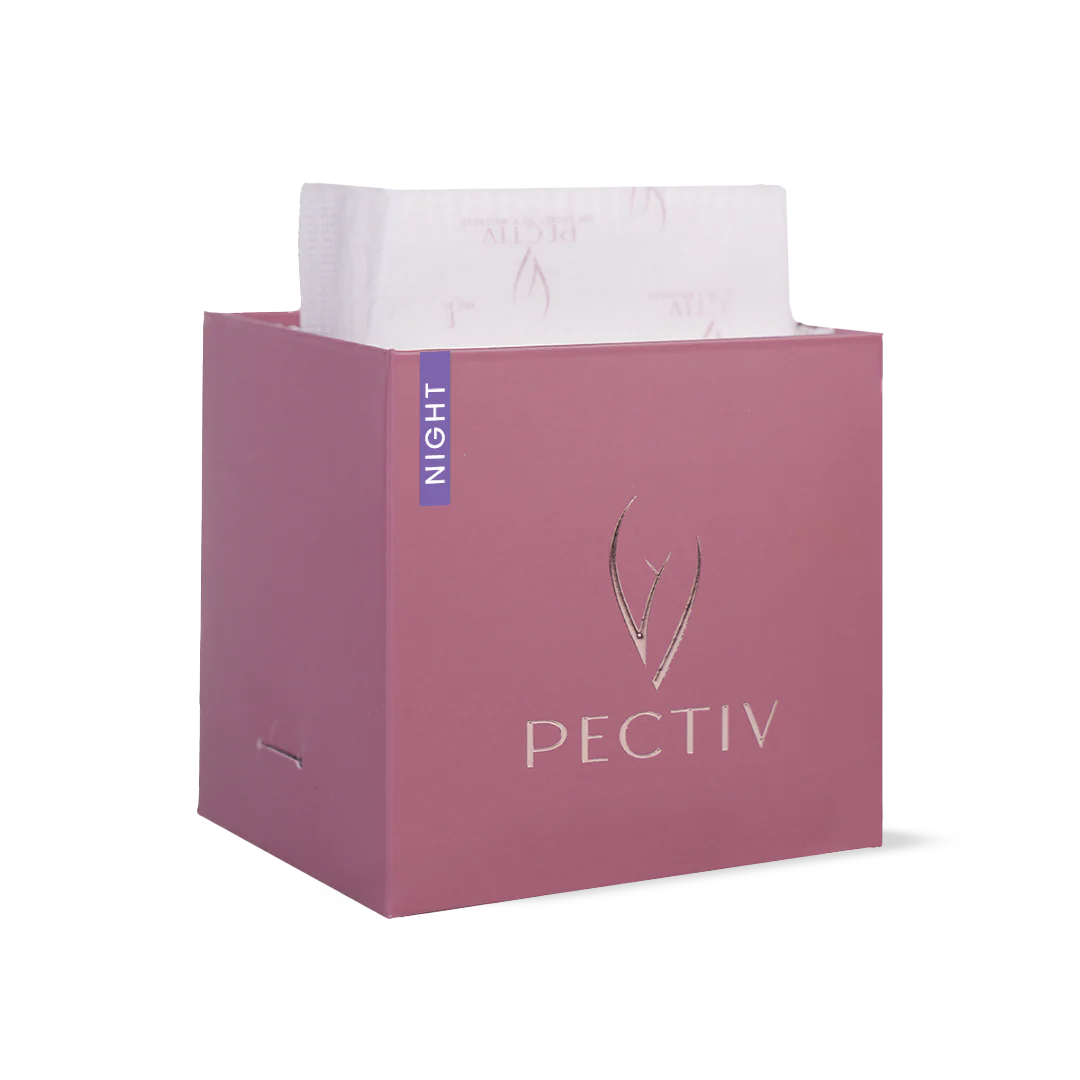 Inside view of Pectiv The Night box with sealed individual pad wrappers for clean, hygienic storage.
